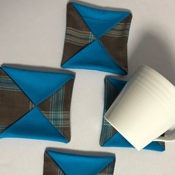 Handmade Fabric Coasters Set of 4 brown blue - Picture 2 of 5
